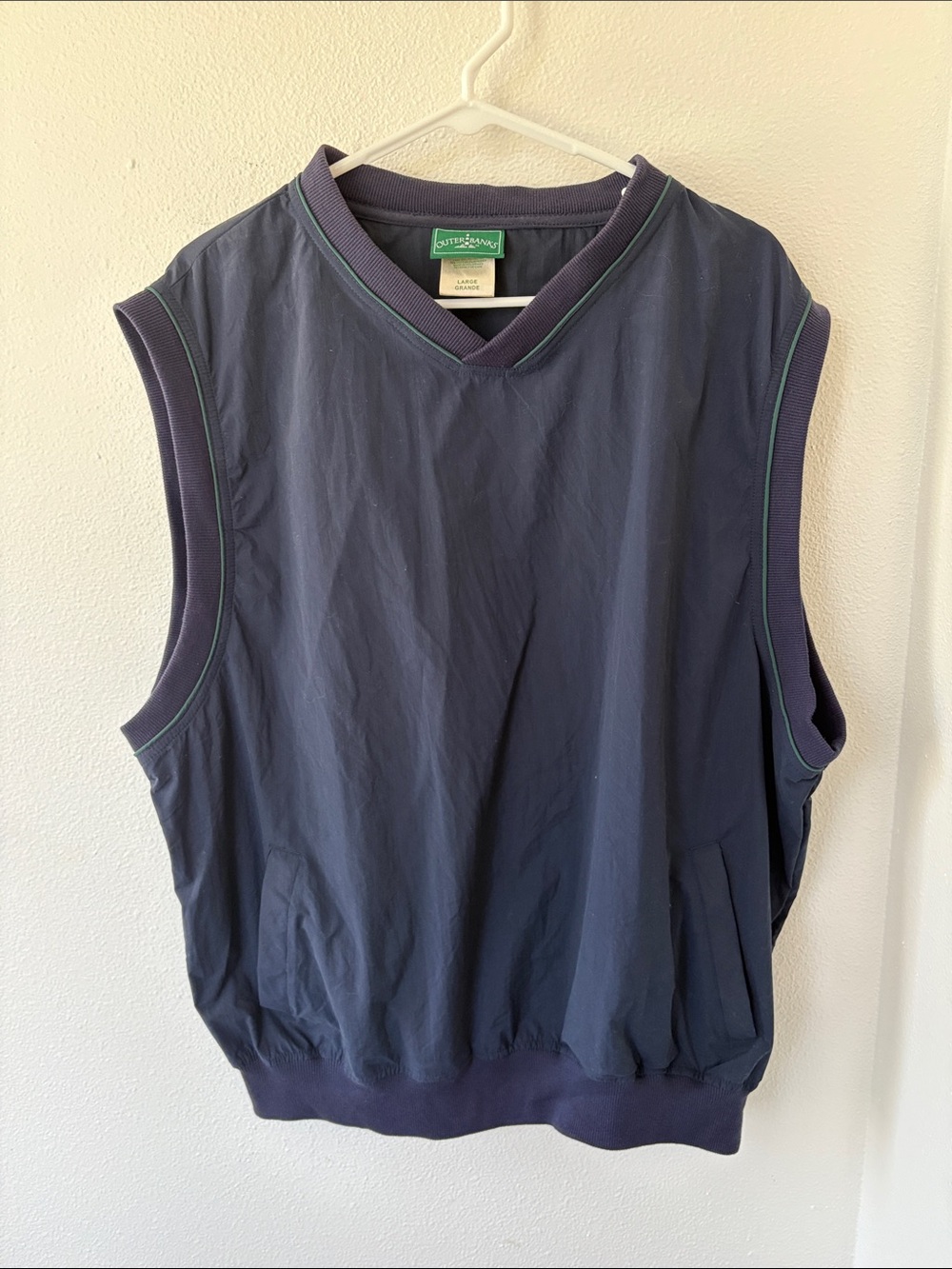 Vintage Outer Banks Navy Sleeveless V-Neck Golf Pullover with Green Trim